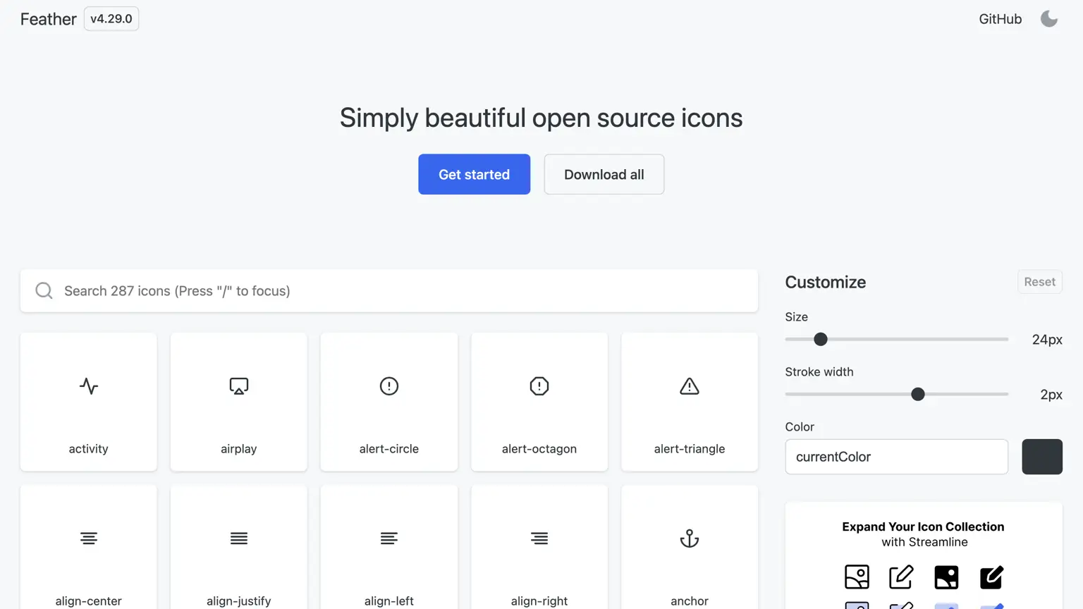 Feather Icons 主頁截圖