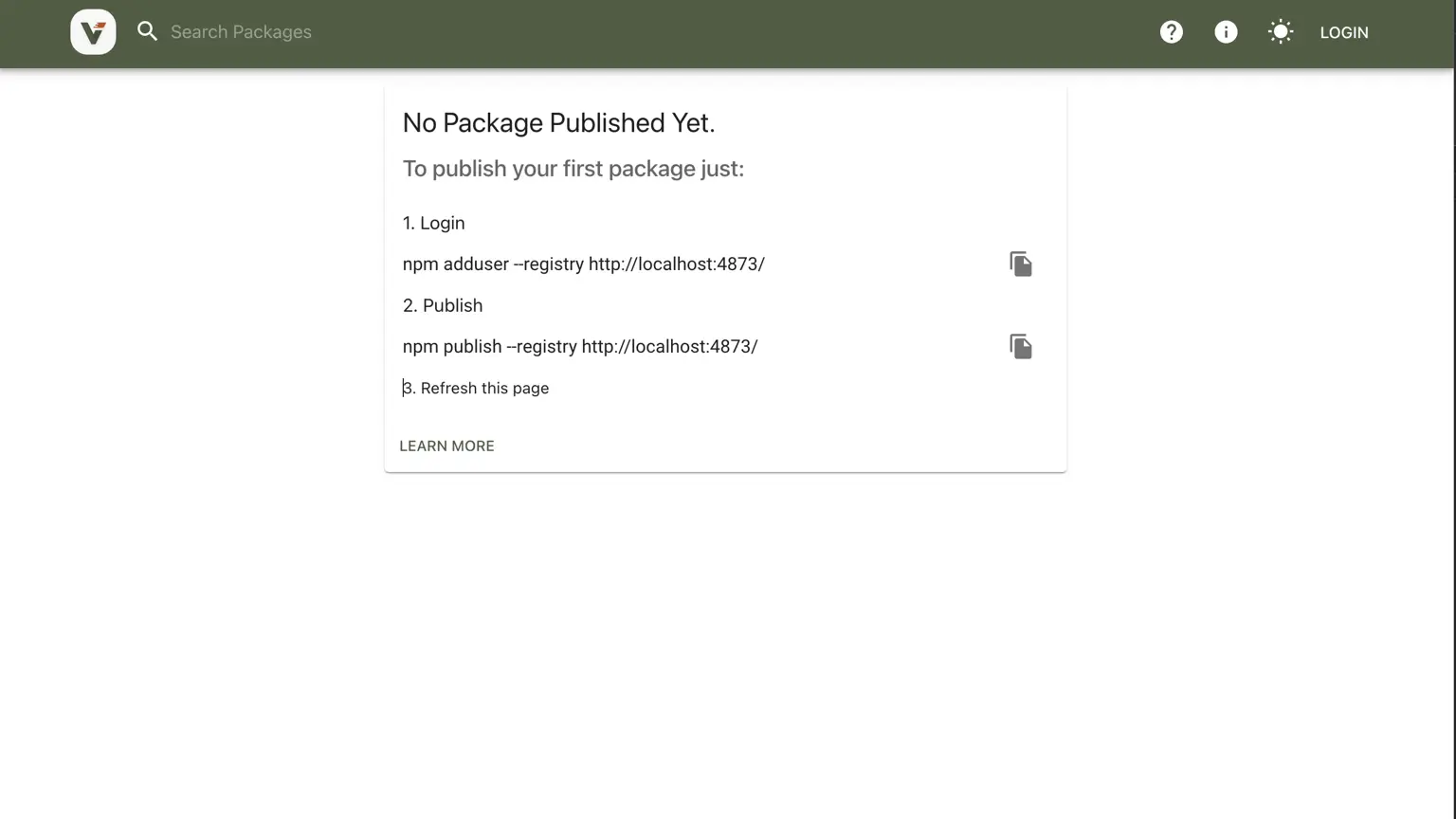 透過瀏覽器訪問 Verdaccio 伺服器的截圖